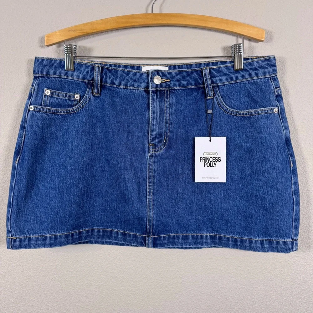 Princess Polly Y2K Denim Mini Skirt Mid Wash Blue Size 12 Lower Impact NWT